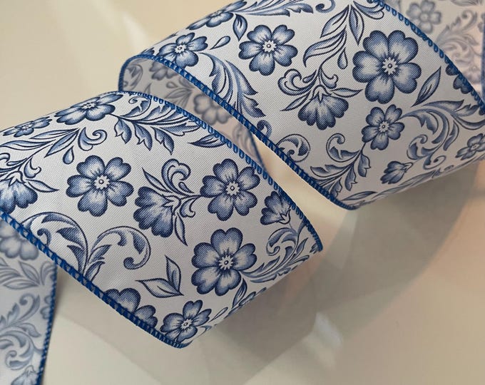 2.5" Blue & White Flower Wired Ribbon