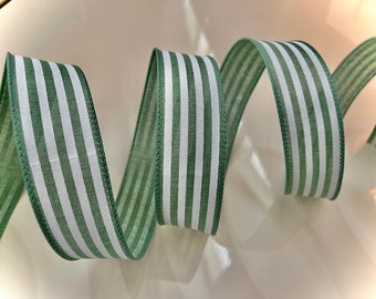 1.5" Sage Green & White Striped Wired Ribbon - Sold By The Yard