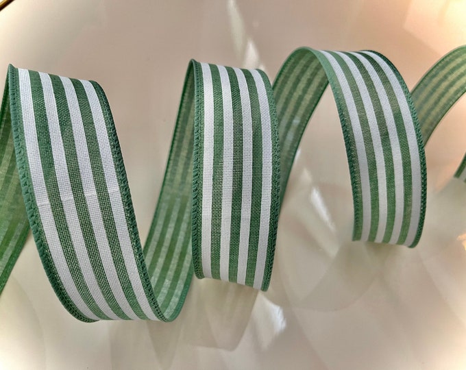 1.5" Sage Green & White Striped Wired Ribbon - Sold By The Yard