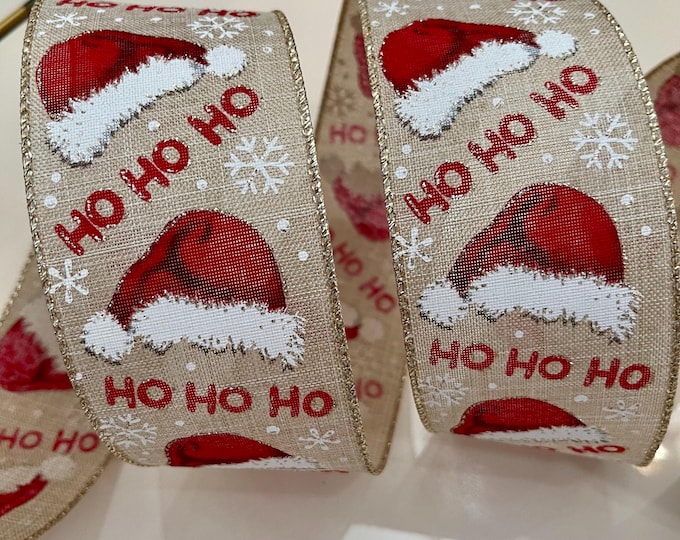 2.5” Santa Hats & Snowflakes “ Ho Ho Ho “ Wired Ribbon: Red, Beige, White