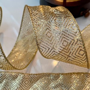 2.5” Gold Glitter Diamond Pattern Sheer Wired Ribbon - Sold By The Yard