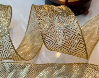 2.5” Gold Glitter Diamond Pattern Sheer Wired Ribbon - Sold By The Yard