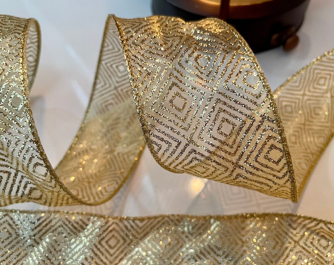 2.5” Gold Glitter Diamond Pattern Sheer Wired Ribbon - Sold By The Yard