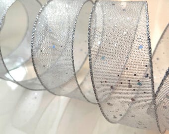 1.5” Sheer Silver With Glitter Dots Wired Ribbon - Sold By The Yard