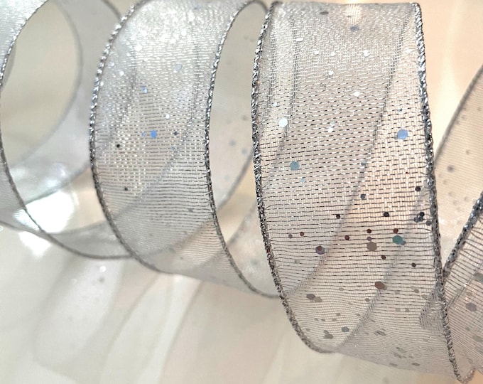 1.5” Sheer Silver With Glitter Dots Wired Ribbon - Sold By The Yard