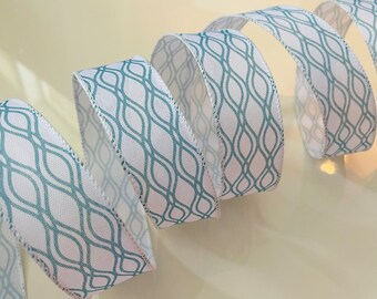 1.5” Turquoise & White Wavy Stripes Wired Ribbon - Sold By The Yard