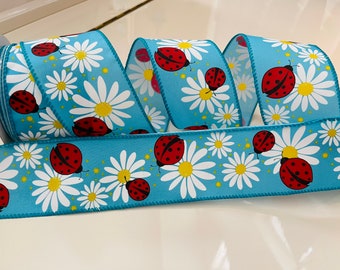 10 Yard Roll - 2.5” Ladybug & Daisy Blue Wired Ribbon #528