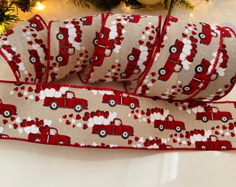10 Yard Roll - 2.5” Red Trucks & Hearts Wired Ribbon #936