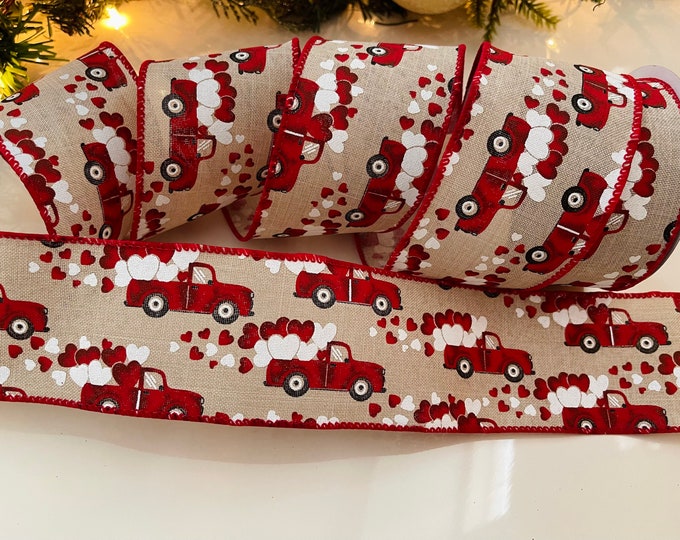 10 Yard Roll - 2.5” Red Trucks & Hearts Wired Ribbon #936