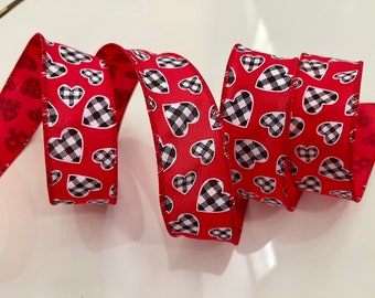 1.5” Red With Gingham Hearts Wired Ribbon #7745 - Perfect for Gift Wrapping, Wreaths, Decor & Much More! - Sold By The Yard