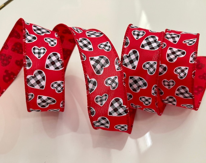 1.5” Red With Gingham Hearts Wired Ribbon #7745 - Perfect for Gift Wrapping, Wreaths, Decor & Much More! - Sold By The Yard