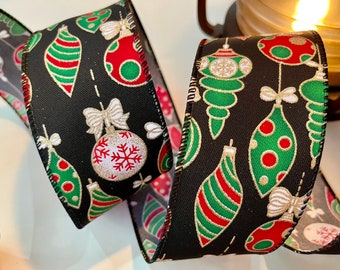 2.5” Colorful Christmas Ornaments Black Wired Ribbon - Great for Gift Wrapping & Decorations #782 - Sold By The Yard