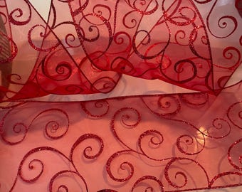 5” Sheer Red Glitter Swirls Wired Ribbon