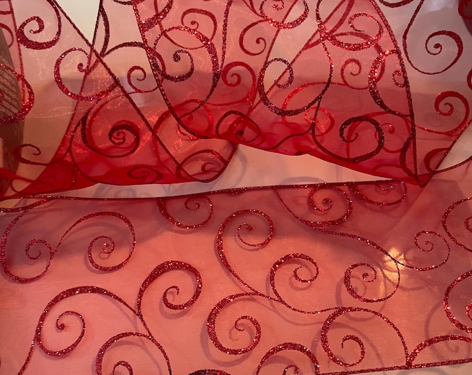 5” Sheer Red Glitter Swirls Wired Ribbon