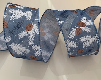 2.5” Pinecone Wired Ribbon: Blue, White, Brown #642 - Sold By The Yard