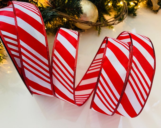 1.5” Red & White Glitter Striped Wired Ribbon #131 - Sold By The Yard