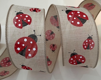 2.5” Lovely Ladybug Wired Ribbon: Red, Black, White, Beige