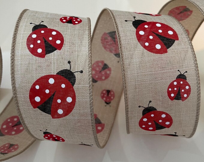 2.5” Lovely Ladybug Wired Ribbon: Red, Black, White, Beige