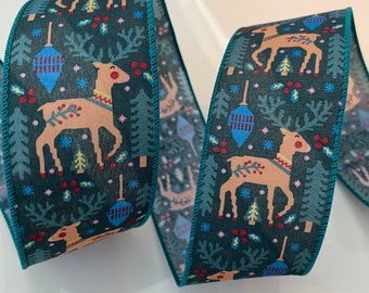 2.5” Christmas Reindeer Wired Ribbon - Sold By The Yard