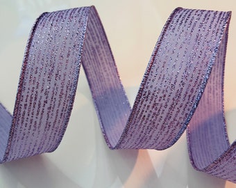 1.5” Lavender Glitter Stripes Wired Ribbon #714 - Sold By The Yard