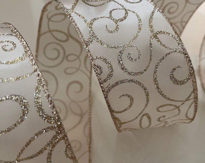 2.5” Golden Swirls Cream Wired Ribbon