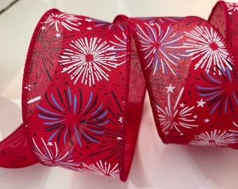 2.5”  Firework Wired Ribbon: Red, White, Blue #1242 - Sold By The Yard