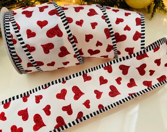 10 Yard Roll - 2.5” Red Sparkle Heart Wired Ribbon #402