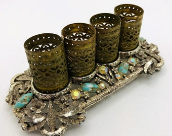 Vintage Filigree Metal Rhinestone & Flower Lipstick Holder