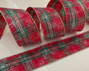 2.5” Red, Green, & Gold, Glitter Misted Plaid Wired Ribbon - Sold By The Yard