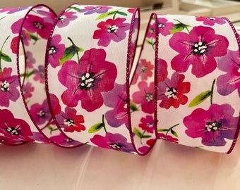 2.5” Watercolor Flowers Purple, Pink, & Red Wired Ribbon #733 - Sold By The Yard