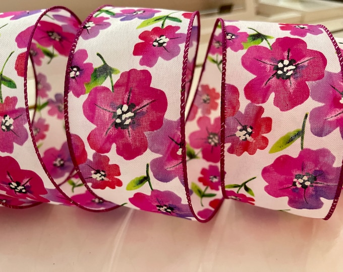 2.5” Watercolor Flowers Purple, Pink, & Red Wired Ribbon #733 - Sold By The Yard