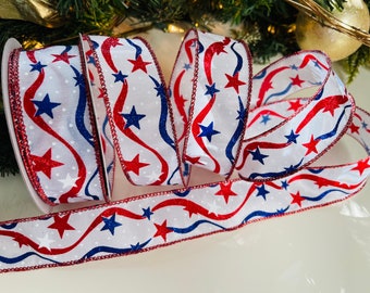 1.5” Sparkle Stars & Wavy Stripes Wired Ribbon: Red, White, and Blue #308 - 10 Yard Roll