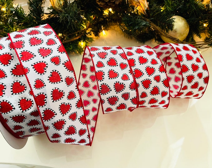 2.5” Glitter Heart Wired Ribbon: Red & White #192 - Sold By The Yard