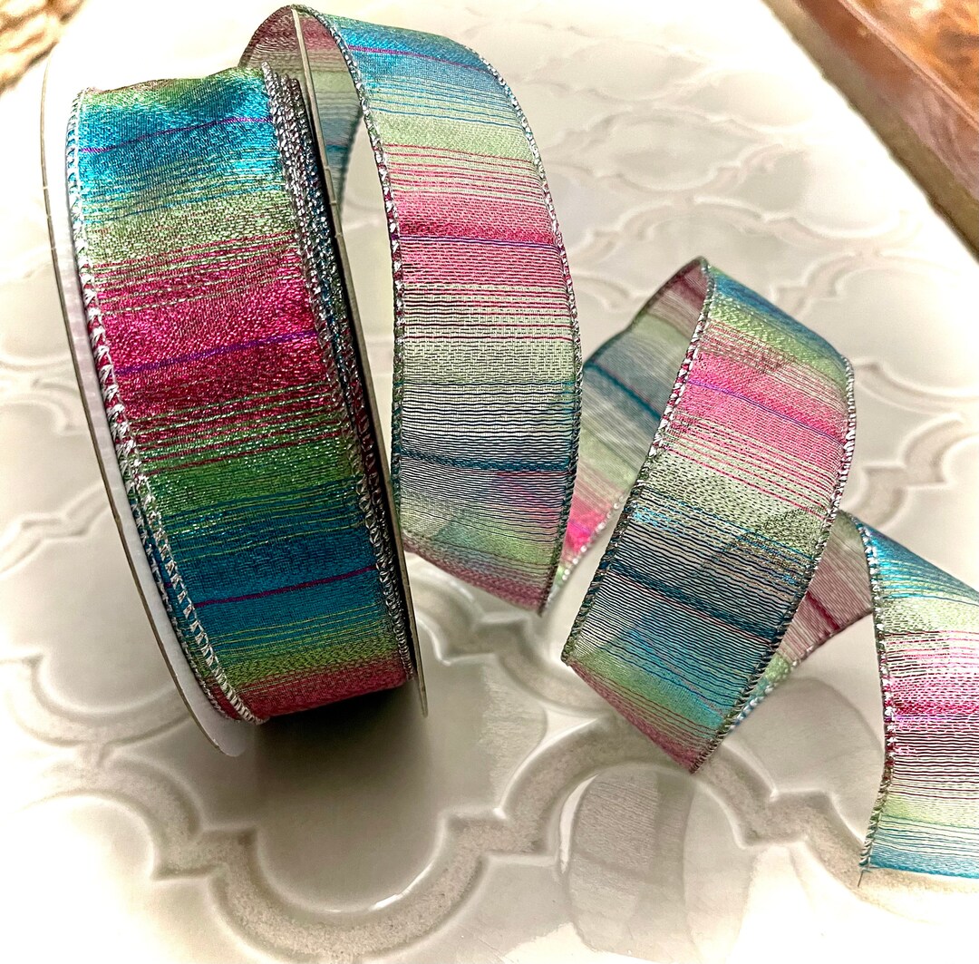 Split Color Ribbon 1.5” Sheer Striped Multi Color Wired Ribbon: Blue, Green, and Pink #504 ...