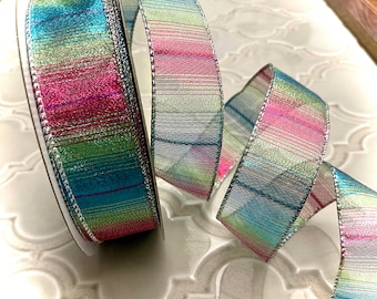 1.5” Sheer Striped Multi Color Wired Ribbon: Blue, Green, and Pink #504 - Sold By The Yard