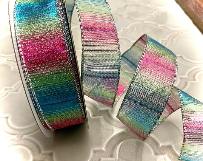 1.5” Sheer Striped Multi Color Wired Ribbon: Blue, Green, and Pink #504 - Sold By The Yard