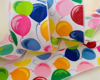 2.5” Colorful Glitter Birthday Balloons Wired Ribbon: Red, Blue, Green, Orange, Pink, Yellow #393 - Sold By The Yard