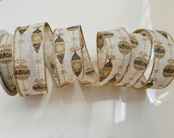 1.5” Christmas Ornaments Wired Ribbon: Beige, Gold, Black - 10 Yard Roll