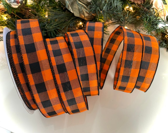 1.5" Black & Orange Plaid Wired Ribbon #18 - Sold By The Yard