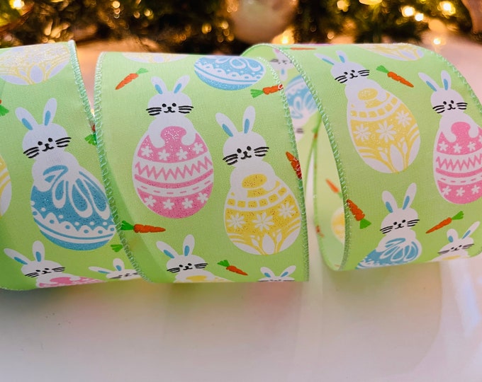 2.5” Bunnies & Easter Eggs Soft Green Wired Ribbon - 10 Yard Roll #823