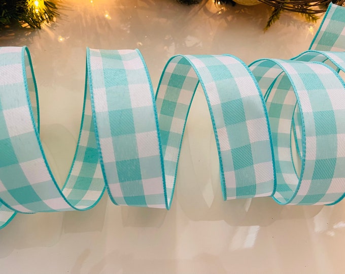 1.5” Aqua & White Plaid Wired Ribbon - Sold By The Yard - Sold By The Yard