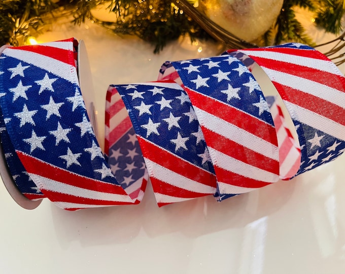 1.5” Sparkle Flag Wired Ribbon Red, White, & Blue - 10 Yard Roll