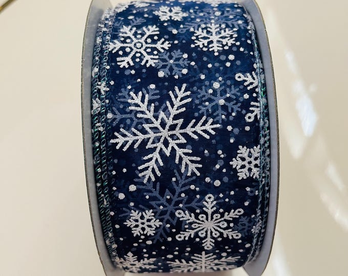 2.5” Sheer Blue Wired Ribbon with Glittery White Snowflakes