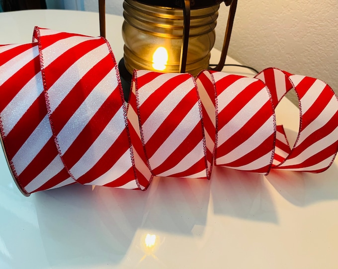 2.5” Red and White Glitter Striped Wired Ribbon #790 - Perfect for Gift Wrapping, Wreaths, Decor & Much More! - Sold By The Yard