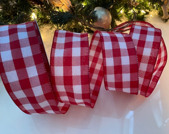 2.5” Red & White Plaid Wired Ribbon - Sold By The Yard