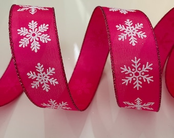 1.5” Glittery White Snowflakes Pretty Pink Wired Ribbon #942 - Sold By The Yard