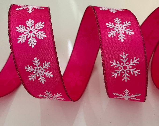 1.5” Glittery White Snowflakes Pretty Pink Wired Ribbon #942 - Sold By The Yard