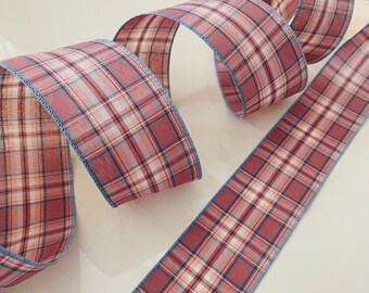 2.5” Rosy Pink & Blue Plaid Wired Ribbon - Sold By The Yard