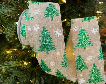 2.5” Green Glitter Trees and White Snowflakes Beige Wired Ribbon - Sold By The Yard