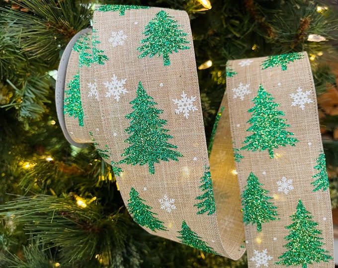 2.5” Green Glitter Trees and White Snowflakes Beige Wired Ribbon - Sold By The Yard